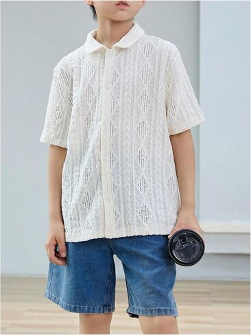 Verdusa Boy's Textured Button Down Shirt Short Sleeve Loose Collared Shirt Top in Saudi Arabia