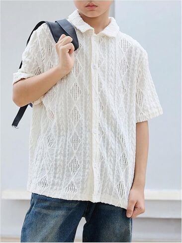 Verdusa Boy's Textured Button Down Shirt Short Sleeve Loose Collared Shirt Top in Saudi Arabia