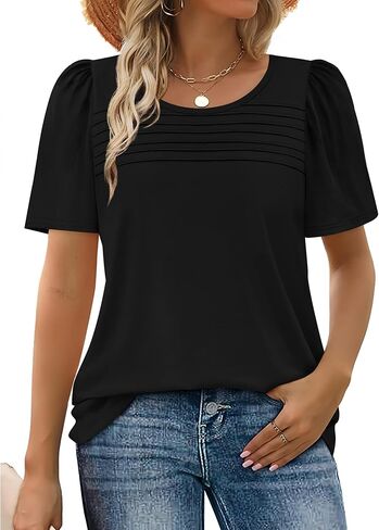 WIHOLL Womens Summer Tops Short Puff Sleeve Shirts 2025 Pleated Neck Outfits Clothing Blouses in Kuwait