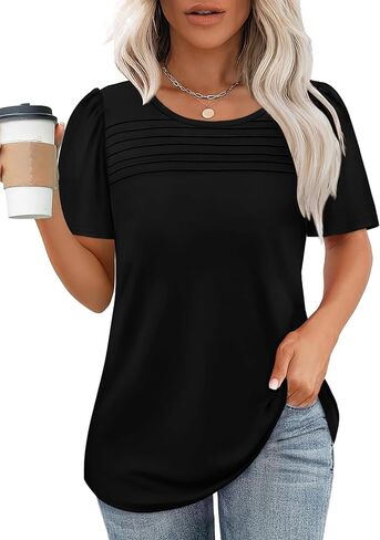 WIHOLL Womens Summer Tops Short Puff Sleeve Shirts 2025 Pleated Neck Outfits Clothing Blouses in Kuwait