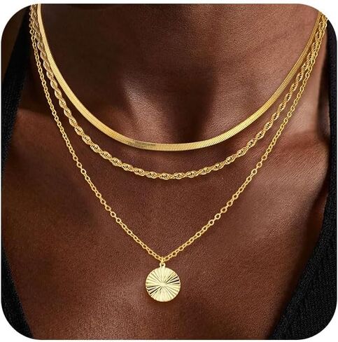 Layered Silver Necklaces for Women, Sterling Silver Stackable Stack Choker Necklaces Trendy Real Gold Plated Layering Disc Circle Pendant Chain Dainty Necklace Set Jewelry for Women in Saudi Arabia