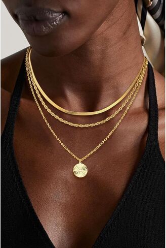 Layered Silver Necklaces for Women, Sterling Silver Stackable Stack Choker Necklaces Trendy Real Gold Plated Layering Disc Circle Pendant Chain Dainty Necklace Set Jewelry for Women in Saudi Arabia