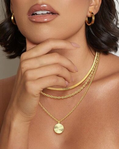 Layered Silver Necklaces for Women, Sterling Silver Stackable Stack Choker Necklaces Trendy Real Gold Plated Layering Disc Circle Pendant Chain Dainty Necklace Set Jewelry for Women in Saudi Arabia