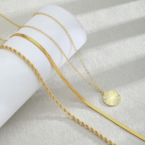 Layered Silver Necklaces for Women, Sterling Silver Stackable Stack Choker Necklaces Trendy Real Gold Plated Layering Disc Circle Pendant Chain Dainty Necklace Set Jewelry for Women in Saudi Arabia