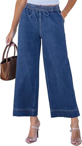 luvamia Wide Leg Jeans for Women High Waisted Cropped Pull On Jeans Elastic Wasit Drawstring Stretch Denim Trouser Pants in Saudi Arabia