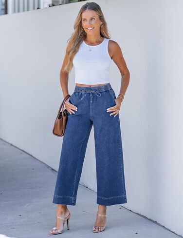 luvamia Wide Leg Jeans for Women High Waisted Cropped Pull On Jeans Elastic Wasit Drawstring Stretch Denim Trouser Pants in Saudi Arabia