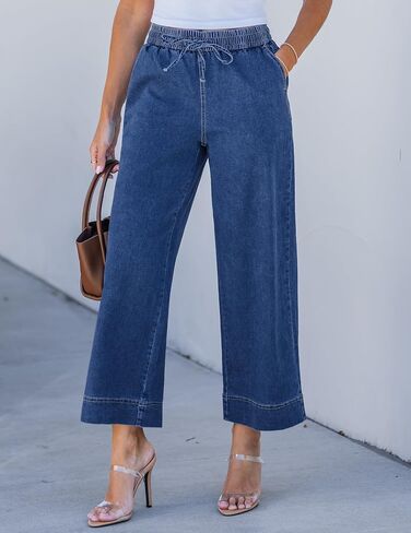 luvamia Wide Leg Jeans for Women High Waisted Cropped Pull On Jeans Elastic Wasit Drawstring Stretch Denim Trouser Pants in Saudi Arabia