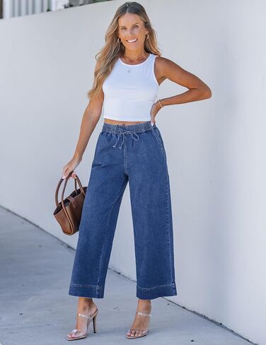 luvamia Wide Leg Jeans for Women High Waisted Cropped Pull On Jeans Elastic Wasit Drawstring Stretch Denim Trouser Pants in Saudi Arabia