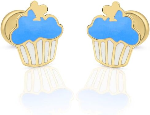 Five Star Jewelers Solid 14k Yellow Gold Cupcake Young Girls Stud Earrings, Hypoallergenic, Screw Back Earrings for Little Girls | Cute Children's Jewelry for Kids, Teens | 7x8.5mm in Saudi Arabia