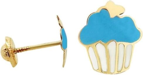 Five Star Jewelers Solid 14k Yellow Gold Cupcake Young Girls Stud Earrings, Hypoallergenic, Screw Back Earrings for Little Girls | Cute Children's Jewelry for Kids, Teens | 7x8.5mm in Saudi Arabia