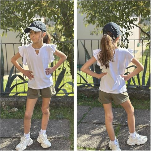 Arshiner Girls Shirts Short Sleeve Tee Ruffle Solid Summer Keyhole Neck Cotton Blouse Tops in Saudi Arabia