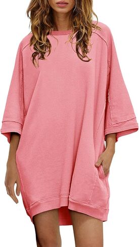 Nirovien Women's Oversized Sweatshirt Dress 3/4 Sleeve Crewneck Tunic Sweatshirts Casual Long Pullover with Pockets in Kuwait