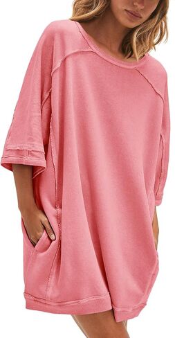 Nirovien Women's Oversized Sweatshirt Dress 3/4 Sleeve Crewneck Tunic Sweatshirts Casual Long Pullover with Pockets in Kuwait