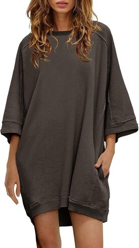 Nirovien Women's Oversized Sweatshirt Dress 3/4 Sleeve Crewneck Tunic Sweatshirts Casual Long Pullover with Pockets in Kuwait