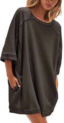 Nirovien Women's Oversized Sweatshirt Dress 3/4 Sleeve Crewneck Tunic Sweatshirts Casual Long Pullover with Pockets in Kuwait