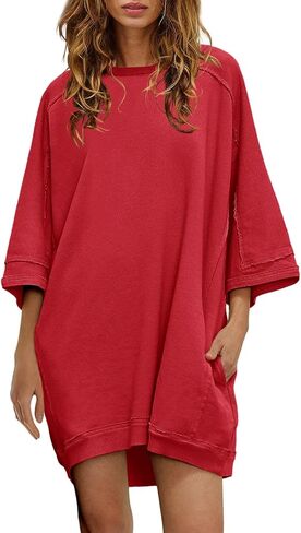 Nirovien Women's Oversized Sweatshirt Dress 3/4 Sleeve Crewneck Tunic Sweatshirts Casual Long Pullover with Pockets in Kuwait