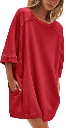 Nirovien Women's Oversized Sweatshirt Dress 3/4 Sleeve Crewneck Tunic Sweatshirts Casual Long Pullover with Pockets in Kuwait