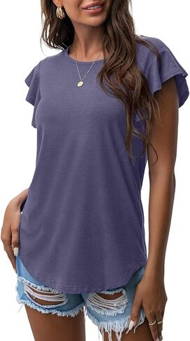 قمم الطبقة النسائية الصيفية الصيفية الكشكش الأكمام القصيرة القصيرة متماسكة جولة الرقبة Tunic Top for Women 2024 Trend Trend in Kuwait