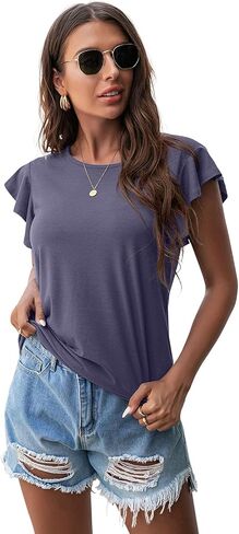 قمم الطبقة النسائية الصيفية الصيفية الكشكش الأكمام القصيرة القصيرة متماسكة جولة الرقبة Tunic Top for Women 2024 Trend Trend in Kuwait