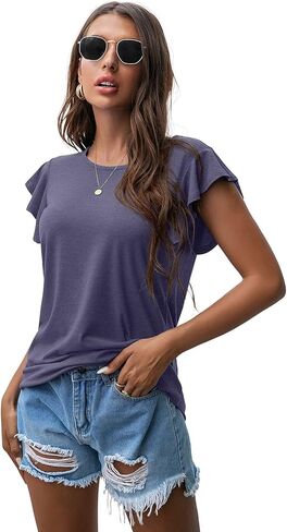 قمم الطبقة النسائية الصيفية الصيفية الكشكش الأكمام القصيرة القصيرة متماسكة جولة الرقبة Tunic Top for Women 2024 Trend Trend in Kuwait