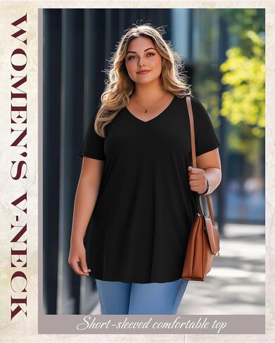 3 Pack Women's Plus Size Tops Short Sleeve Cotton Tunic Shirts V Neck Loose Flowy Swing Casual Summer Tees in Kuwait