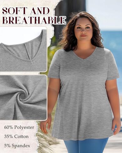 3 Pack Women's Plus Size Tops Short Sleeve Cotton Tunic Shirts V Neck Loose Flowy Swing Casual Summer Tees in Kuwait