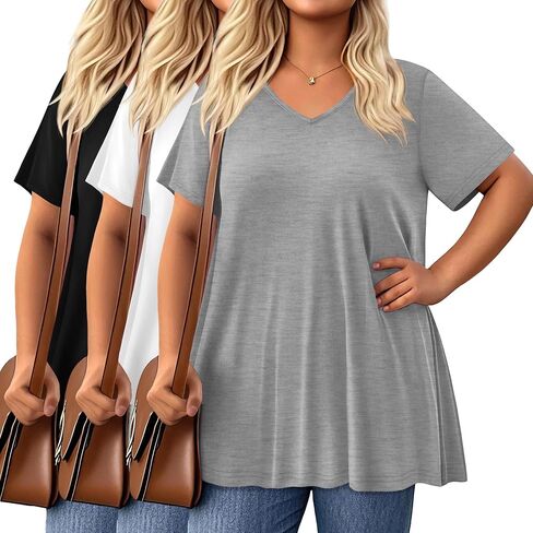 3 Pack Women's Plus Size Tops Short Sleeve Cotton Tunic Shirts V Neck Loose Flowy Swing Casual Summer Tees in Kuwait