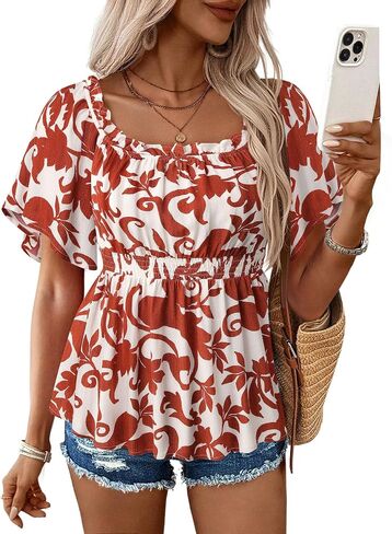 Bebonnie Women's Summer Off The Shoulder Short Sleeve Chiffon Blouse Ruffle Hem Tops in Kuwait