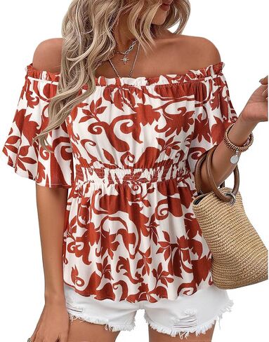 Bebonnie Women's Summer Off The Shoulder Short Sleeve Chiffon Blouse Ruffle Hem Tops in Kuwait