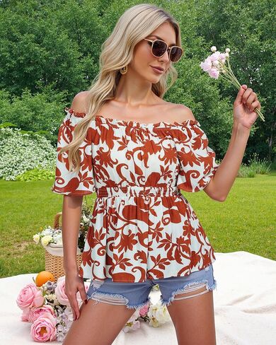 Bebonnie Women's Summer Off The Shoulder Short Sleeve Chiffon Blouse Ruffle Hem Tops in Kuwait