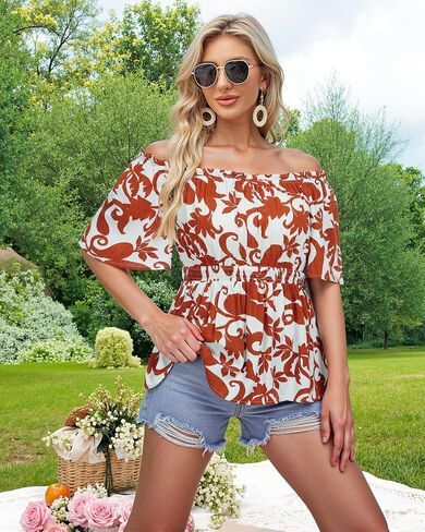Bebonnie Women's Summer Off The Shoulder Short Sleeve Chiffon Blouse Ruffle Hem Tops in Kuwait