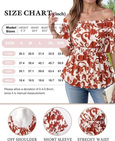 Bebonnie Women's Summer Off The Shoulder Short Sleeve Chiffon Blouse Ruffle Hem Tops in Kuwait
