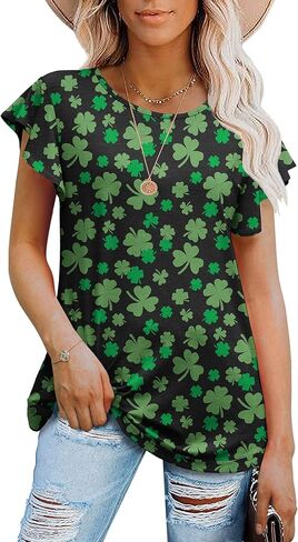 PrinStory Women's Tops Summer Casual Ruffle Short Sleeves Knit Shirts Round Neck Tunic Top For Women 2024 Fashion Trend in Kuwait