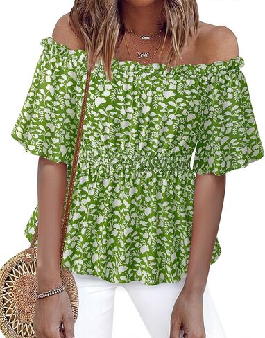 Bebonnie Women's Summer Off The Shoulder Short Sleeve Chiffon Blouse Ruffle Hem Tops in Kuwait