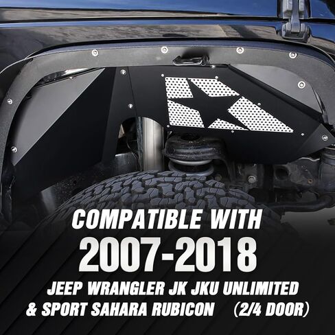 بطانات الرفارف الأمامية الداخلية متوافقة مع 2007-2018 Jeep Wrangler JK & JKU Unlimited Sport Sahara Rubicon، مصدات على طراز الترباس مشاعل عجلة غطاء جيد واقيات الطين الفولاذية (2/4 أبواب) in Saudi Arabia