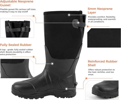 Ubon Men's Waterproof Neoprene Rain Boot Insulated Rubber Boots for Mud Work, Hunting, Fishing and Gardening with Adjustable Mid Calf in Saudi Arabia