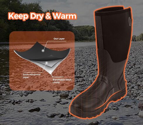 Ubon Men's Waterproof Neoprene Rain Boot Insulated Rubber Boots for Mud Work, Hunting, Fishing and Gardening with Adjustable Mid Calf in Saudi Arabia