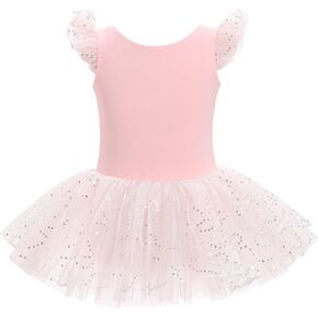 Kid Girls Classic Ruffle Sleeve Ballet Skirted Leotard Shiny Dance Tutu Dresses Ballerina Costume
