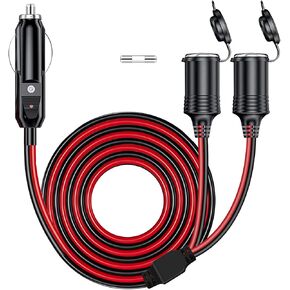DC 12V/24V 1 to 2 Car Cigarette Lighter Splitter Power Charger Adapter, 6.6FT/79inch 240W 2-Way Cigarette Lighter Extension Cord 16AGW，1 Male Plug to 2 Female Socket Port Extension Cable (2*20A Fuse)