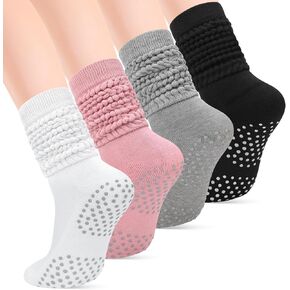 Jspupifip 4 Pairs Pilates Socks with Grips for Women, Yoga Slouch Socks for Barre Workout Hospital
