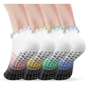 Non-Slip Yoga Socks for Women (4 Pairs) – Low-Cut Grip Socks for Yoga, Dance, and Fitness, Fits US Sizes 5.5-9.5 – Includes Four Colors: Pink, Green, Yellow, and Blue