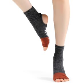 Toeless Pilates Crew Socks With Grips for women, Non Slip Sticky Grippy Yoga Socks for Barre, Dance, Pilates Gifts (2 Pairs, Gray/Black)