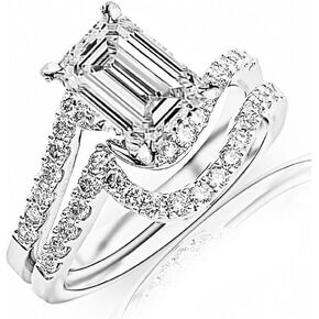 14K White Gold 1.5 Carat LAB GROWN DIAMOND Curving Pave & Prong-set Round Emerald Cut Diamond Engagement Ring and Wedding Band Set (D-E Color VS1-VS2 Clarity 0.75 Ct Center)