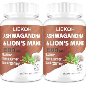 Ashwagandha & Lions Mane Supplement Capsules, Brain Supplements for Memory and Focus, Ashwagandha Supplement with Rhodiola & Black Peppe, Cortisol Supplements for Women & Men,90 Caps