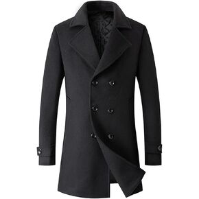 xxxiticat Men's Black Pea Coat Long Sleeve Notched Lapel Regular Fit Business Double Breasted Winter Overcoat Jacket
