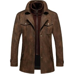 INVACHI Men's Leather Trench Coat Waterproof PU Windbreaker Jacket with Detachable Collar Overcoat