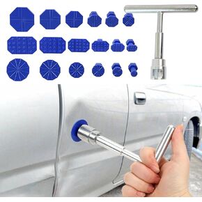 19 PCS Car Dent Repair Tool, Short T-Handle Puller + Eighteen Specifications of Dent Suction Cup Puller, Detachable Portable Multifunctional Universal for Car Repair Accessory (Blue & Silver)