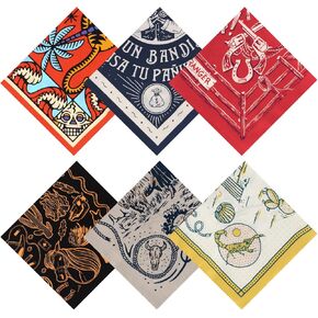6 Pack 22"x22" Lightweight Western Bandanas for Men & Women 100% Cotton Bandana