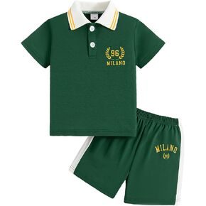 Boy's 2 Piece Outfit Set Striped Print Polo Shirt and Drawstring Elastic Waist Shorts