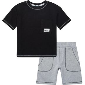 DKNY Toddler Boys' Shorts Set - 2 Piece Knitted Short Sleeve Crew Neck Tee and Matching Fleece Shorts (Sizes: 2T-7)